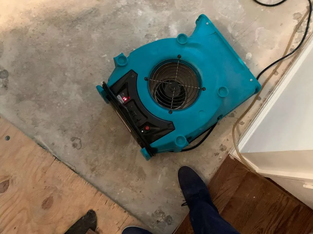 Air mover drying subfloor during Leak Detection & Repair in Peoria